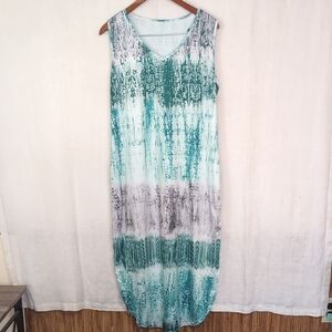 Sleeveless Teal Grey Abstract Print Vneck Midi Dress Size Extra Large